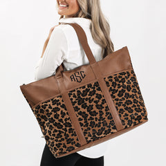 leopard pocket tote on shoulder