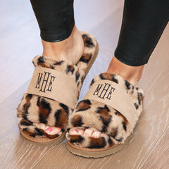 leopard fuzzy slippers on feet