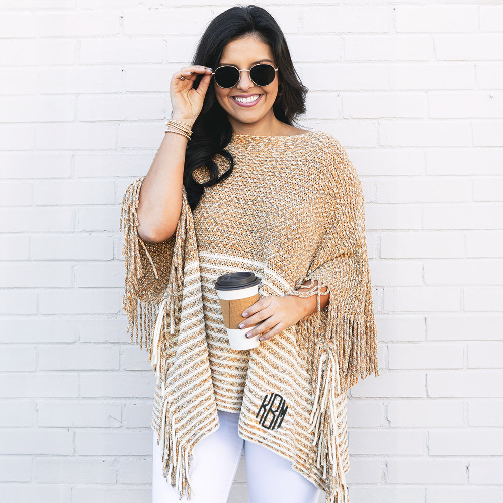 [Megan] tan striped chenille poncho