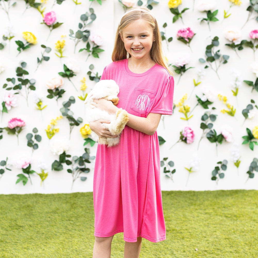 hot pink kids t-shirt dress on addie with bunny