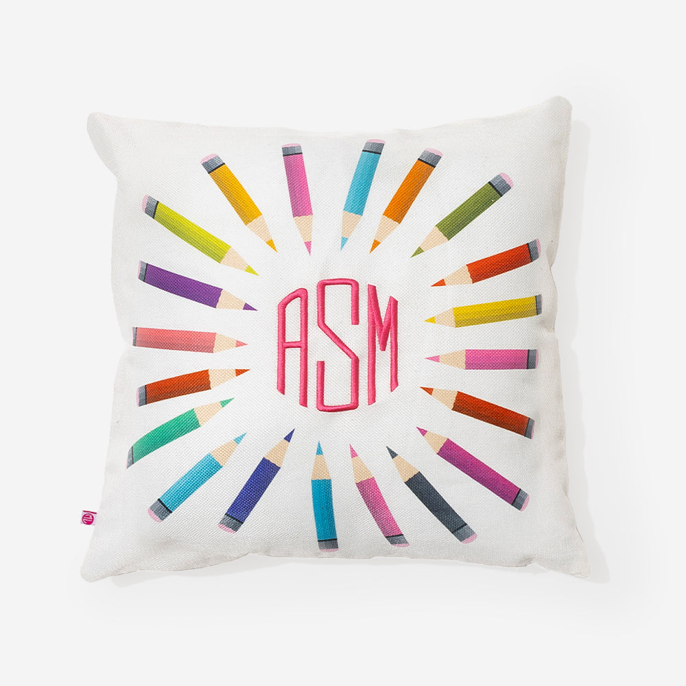 monogrammed teacher pillow sham in colored pencils