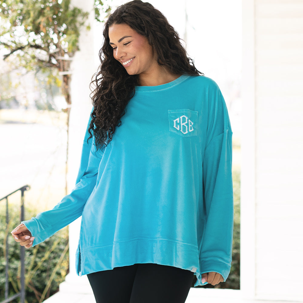 [julia] girl wearing aruba monogrammed softspun sweatshirt