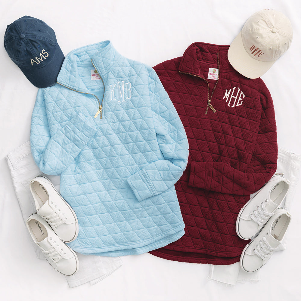 ice blue and crimson monogrammed quilted quarter zip pullovers