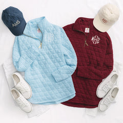 ice blue and crimson monogrammed quilted quarter zip pullovers