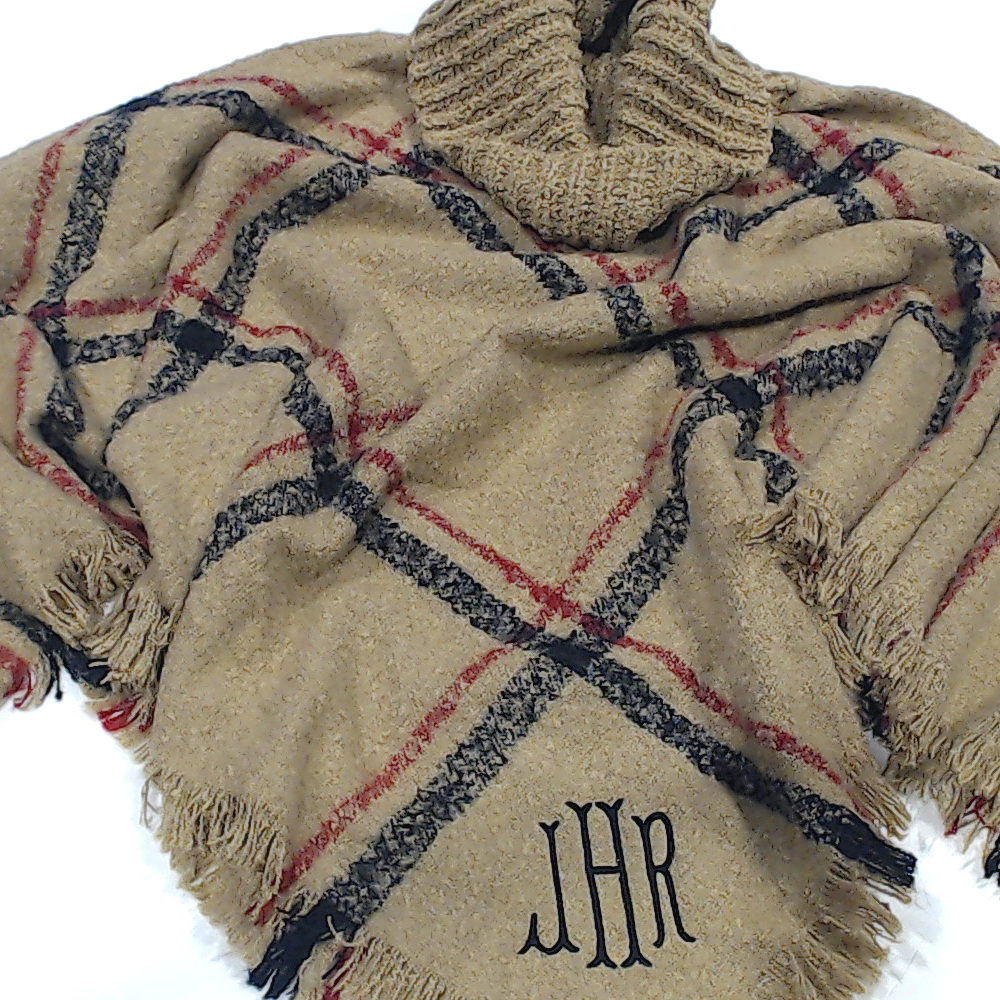 BLOOPER CLOTHING: Monogrammed Plaid Cowl Neck Poncho