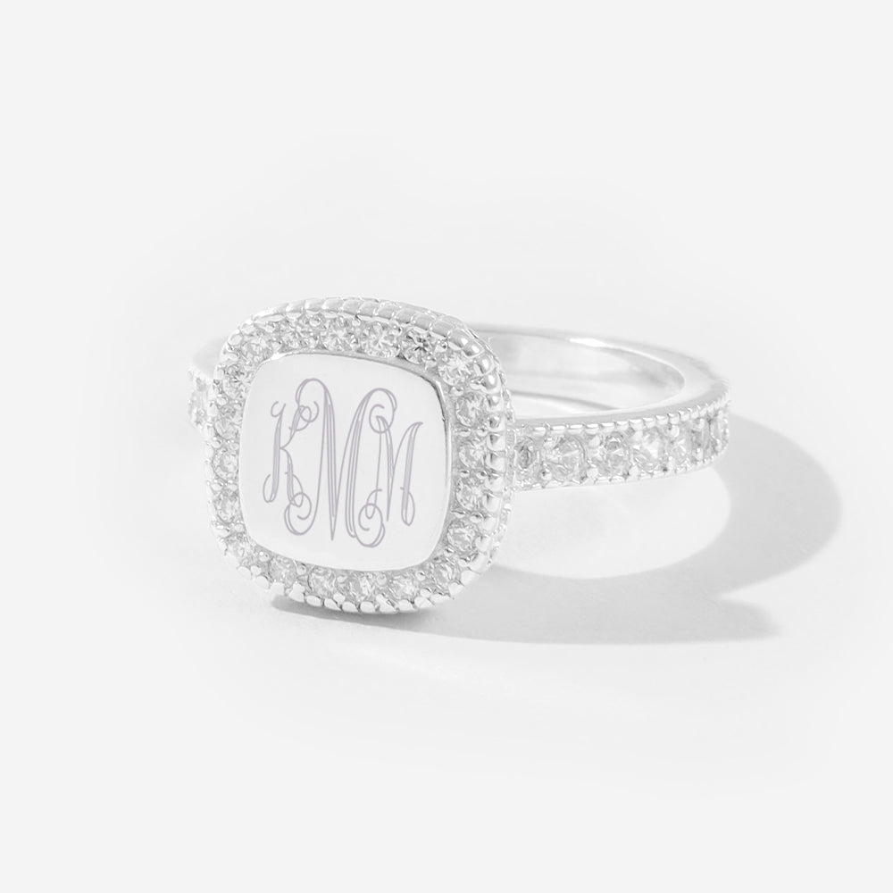 Monogrammed Pave Ring in Silver