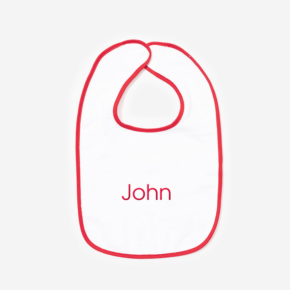 Monogrammed Outline Baby Bib in Red with boy name