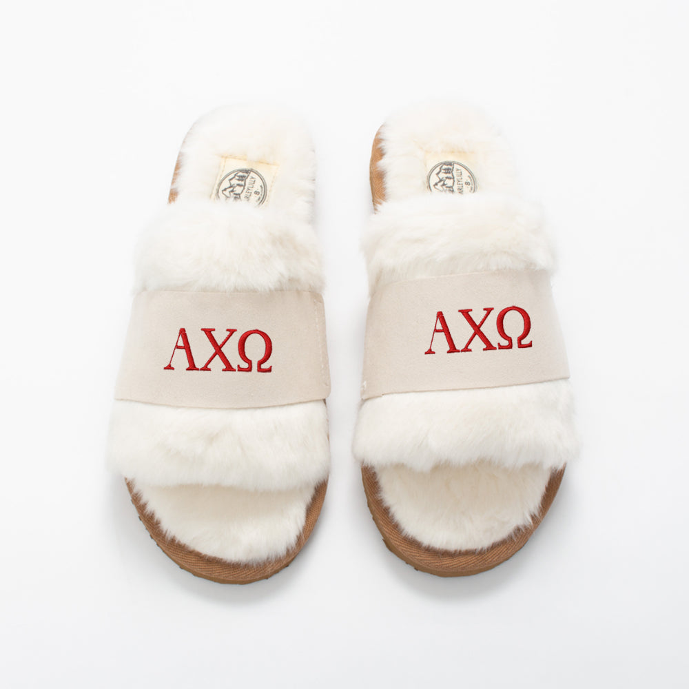 alpha chi omega fuzzy slippers in ivory