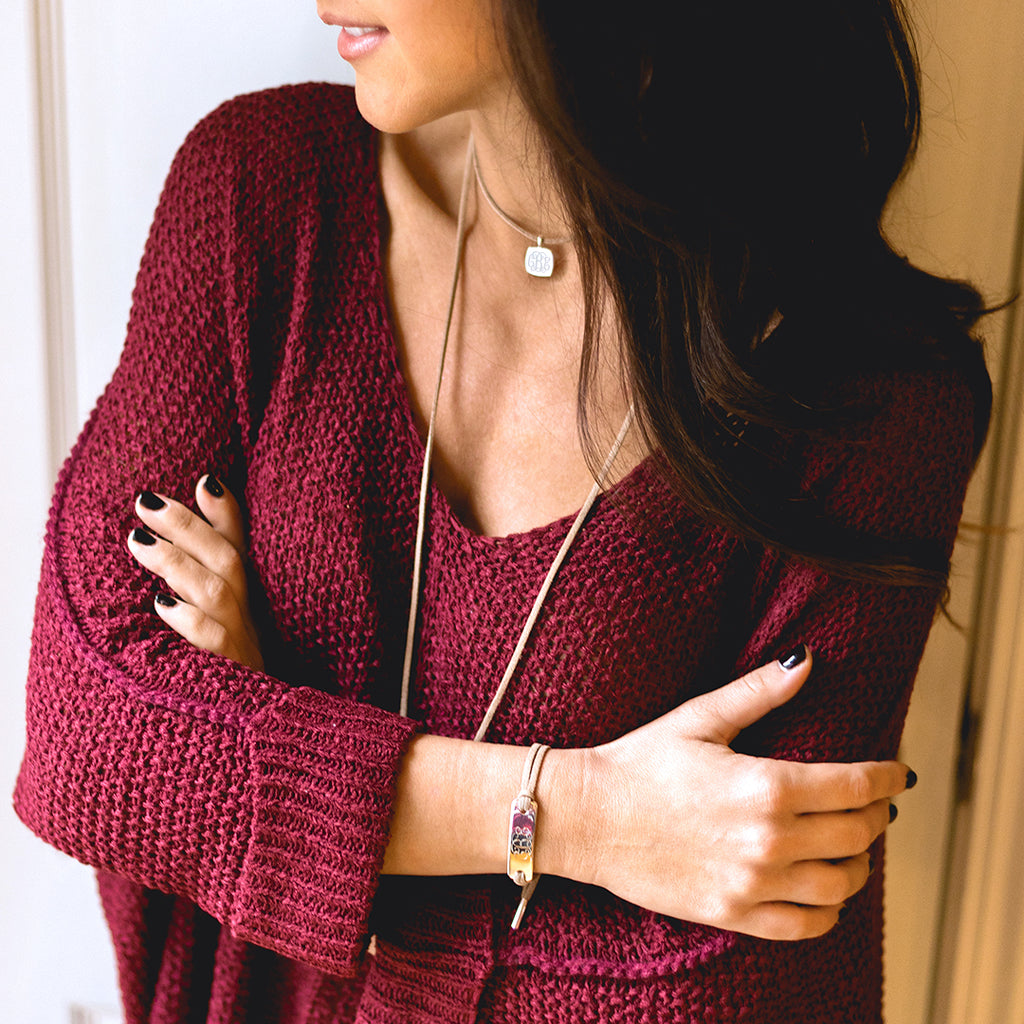 Monogrammed Suede Bracelet with burgundy sweater