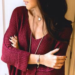 Monogrammed Suede Bracelet with burgundy sweater