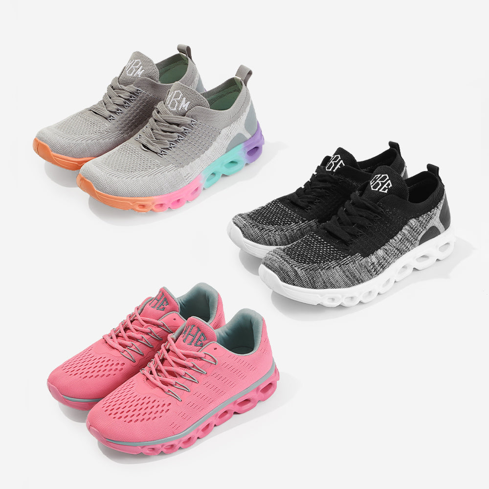 Monogrammed Scallop Sneakers in Grey, Black, and Pink