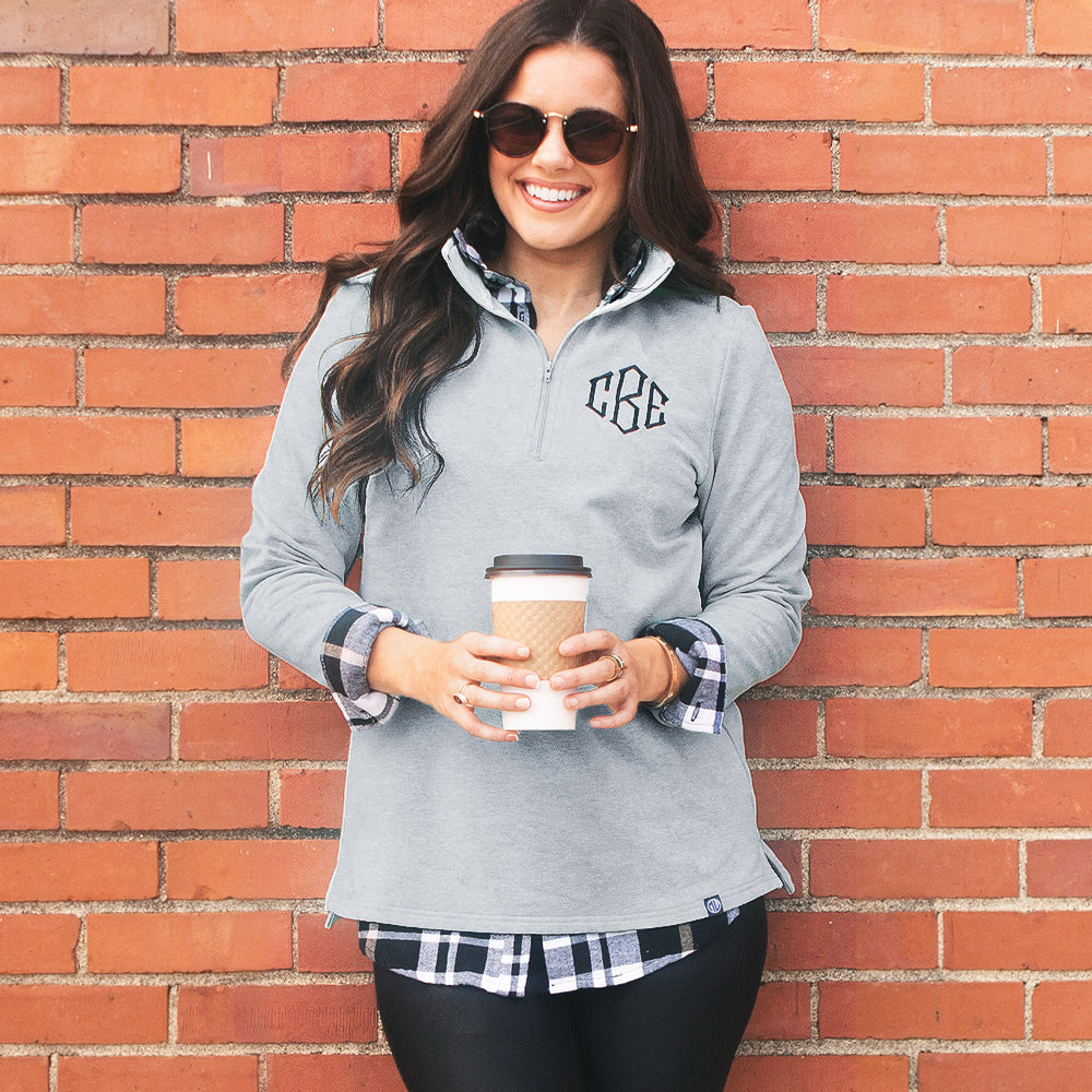 [peyton] Gray pullover sweatshirt with button down tunic underneath