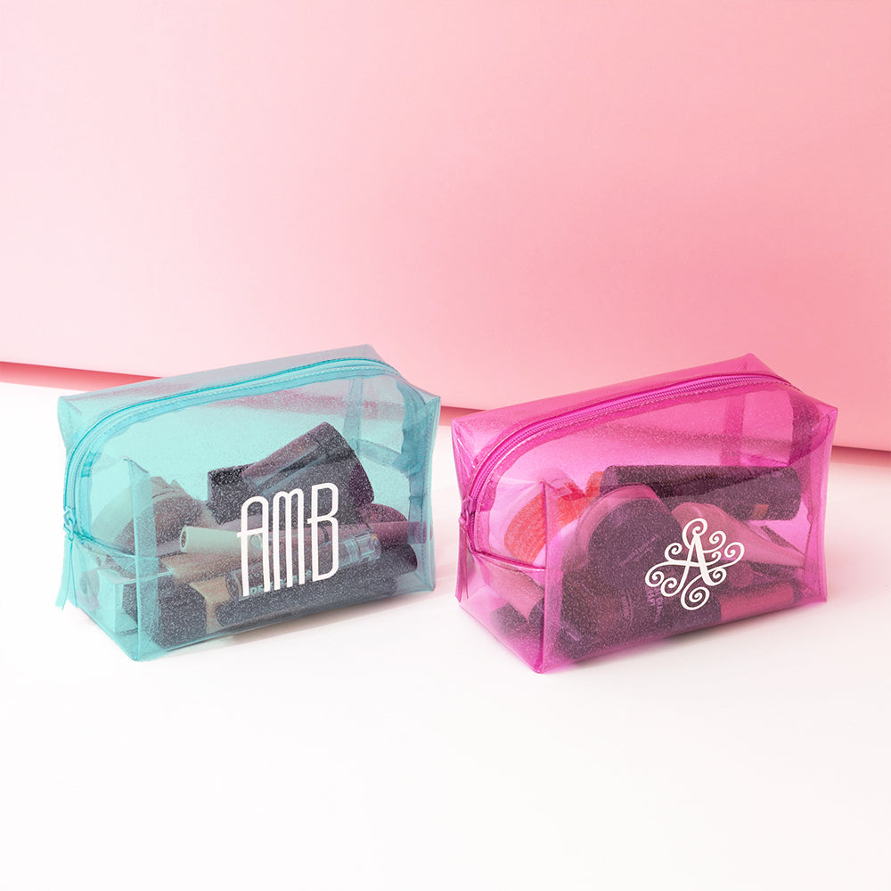 duo clear glitter cosmetic case in mint and hot pink