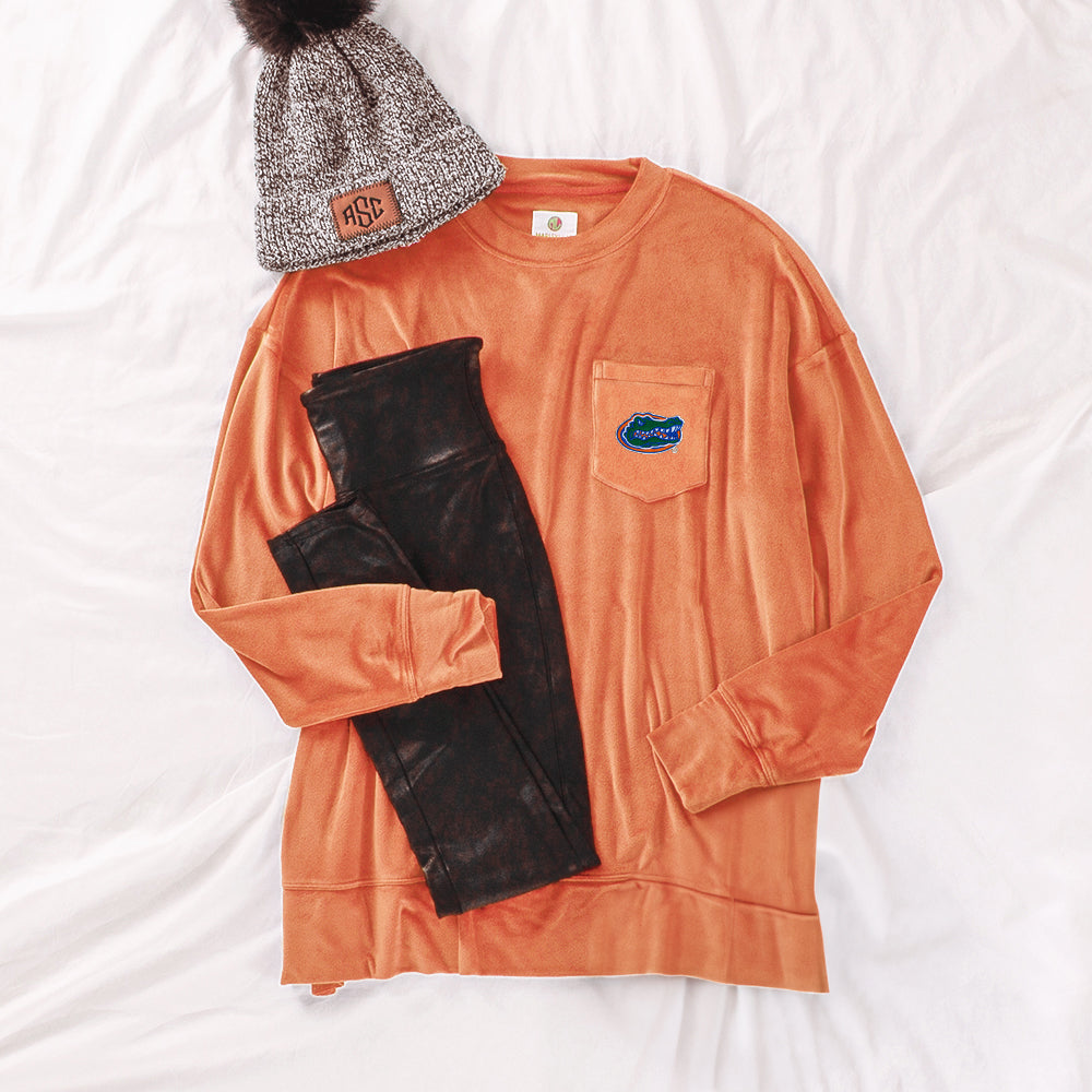 florida gators orange velour sweatshirt with leggings and sneakers