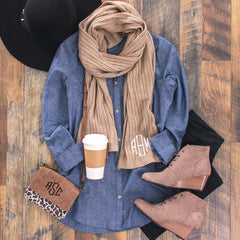 camel monogrammed cable knit scarf with button down tunic