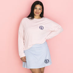 wearing personalized blue seersucker skort