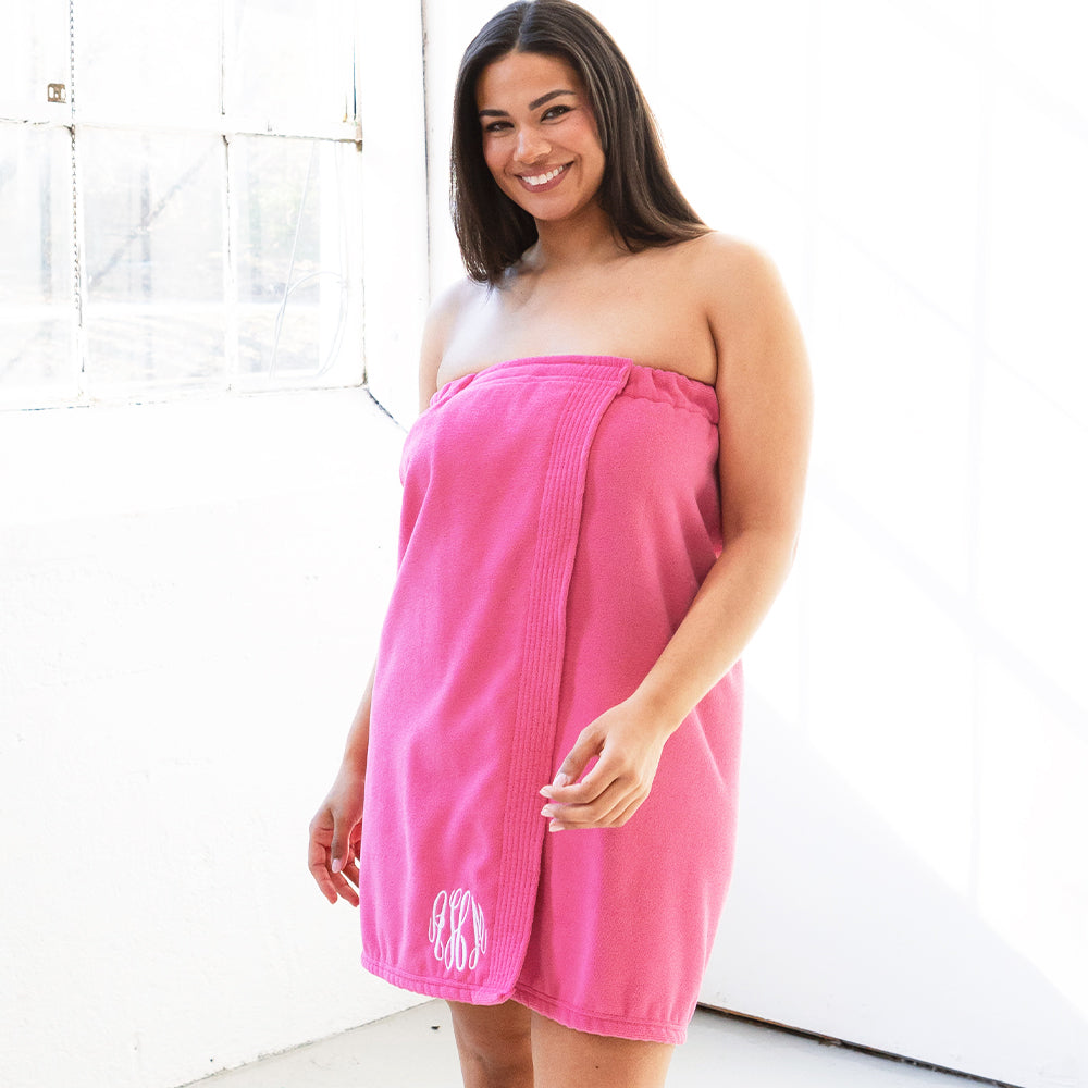 hot pink towel wrap on julia in white studio