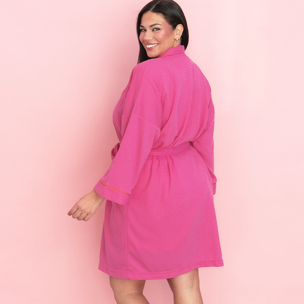 hot pink waffle robe on julia back view