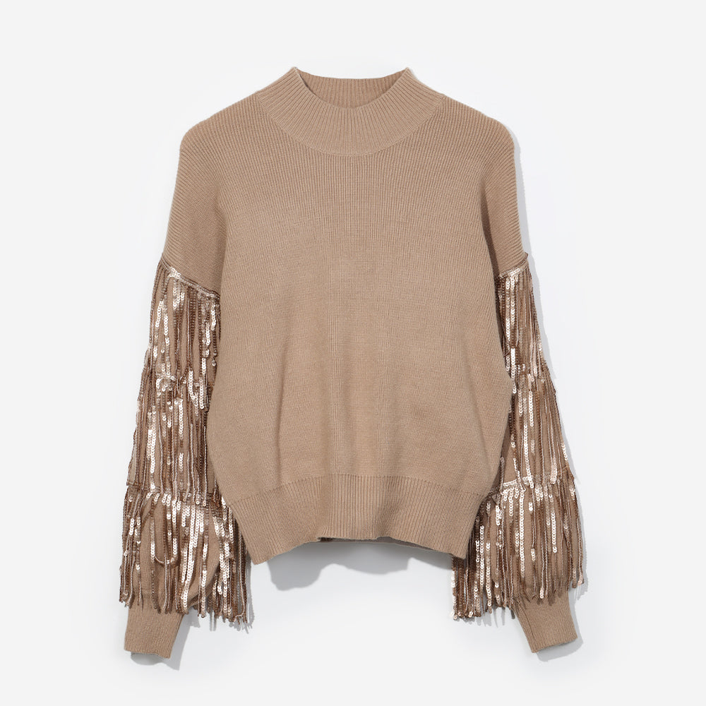 Sequin Fringe Sweater in Tan