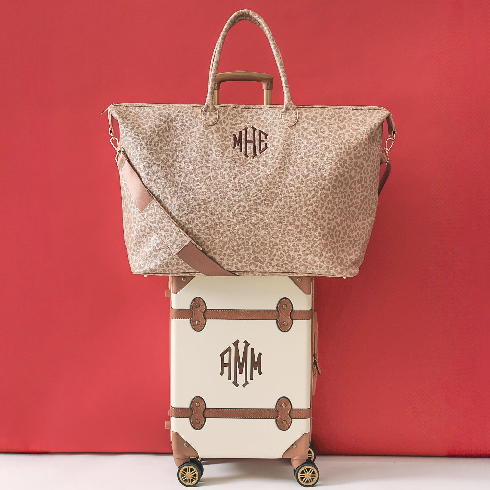 personalized gold leopard metallic weekend bag with vintage carry on luggage