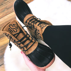 black suede curled laces on leopard duck boots