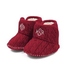 monogrammed baby booties in crimson