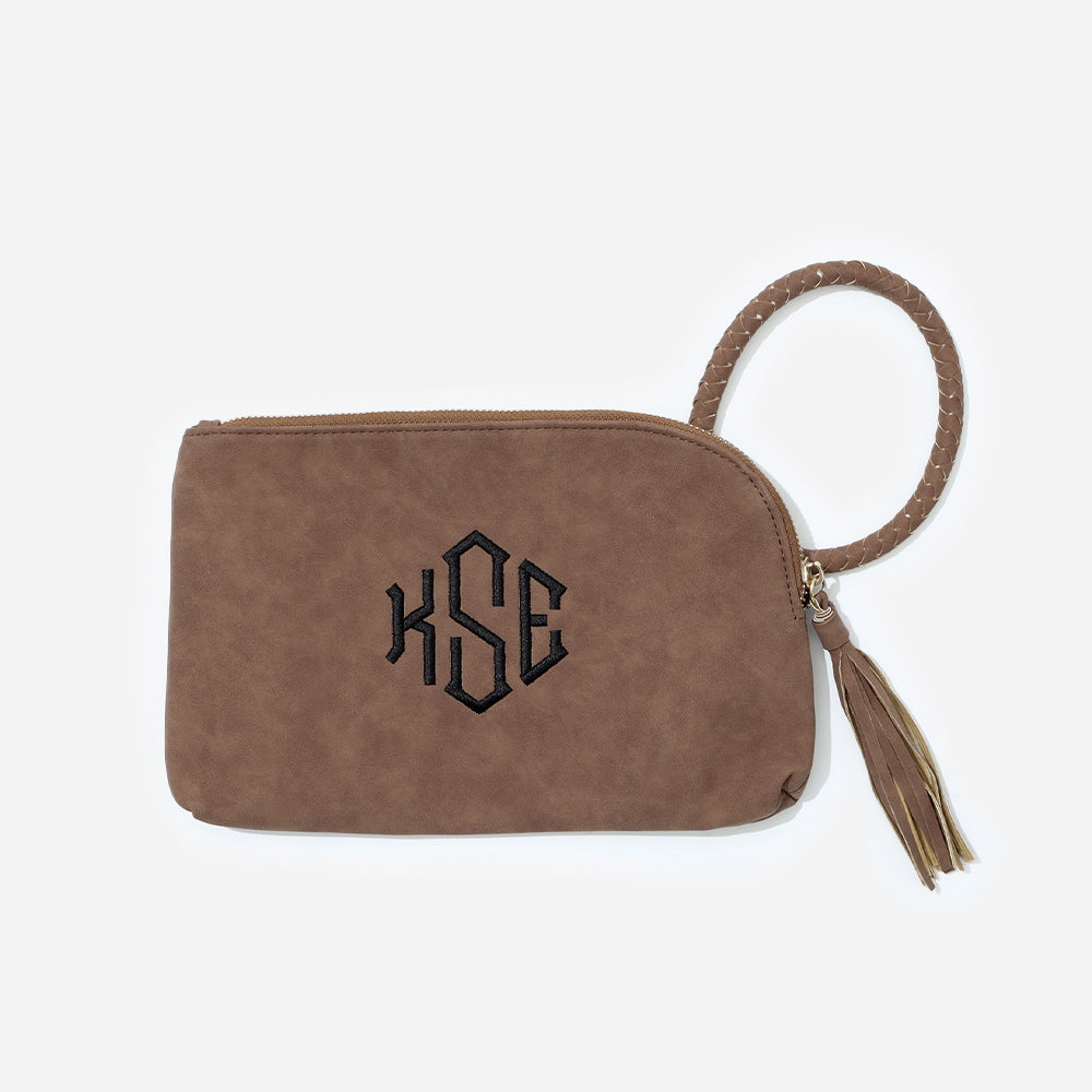 Monogrammed Wristlet Clutch in Brown