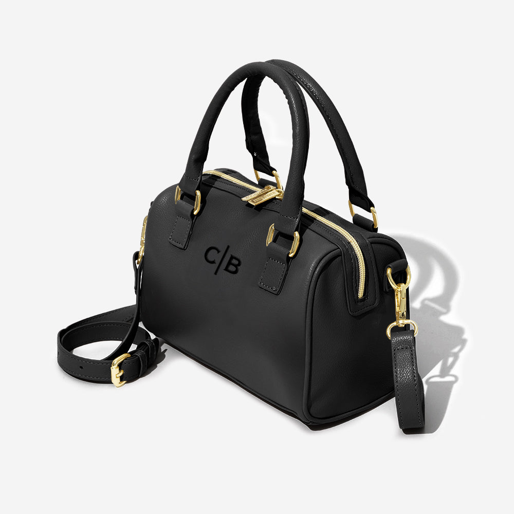 black monogrammed harper handbag with split initials in black
