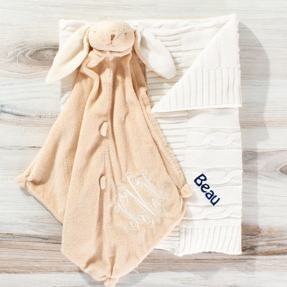 ivory personalized baby blanket with lovey