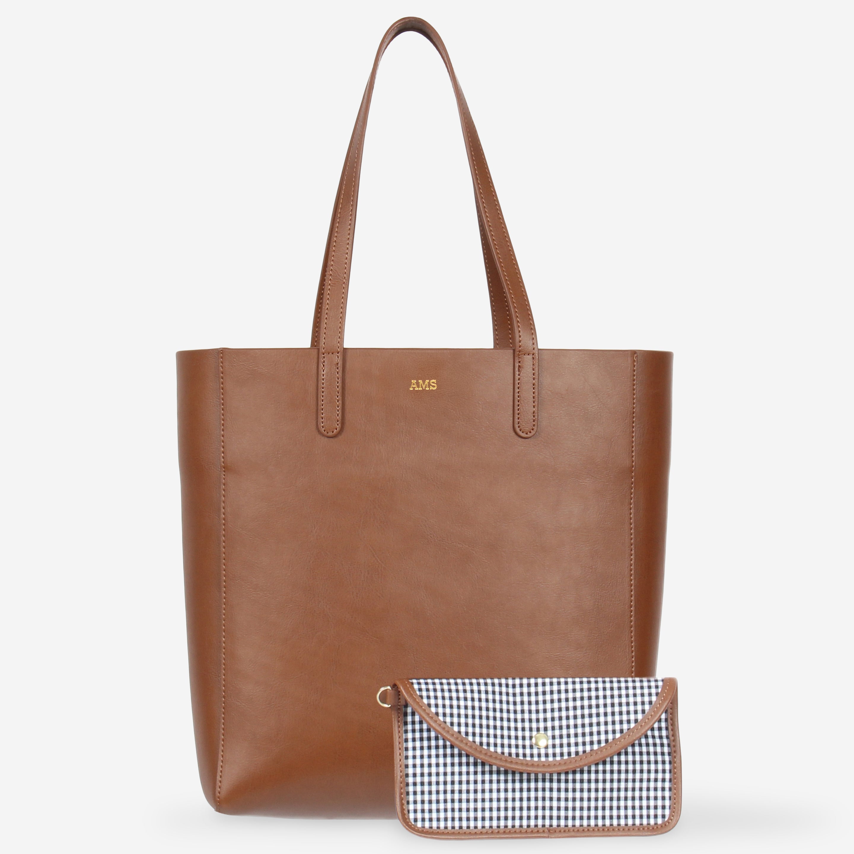 monogrammed brown leather tote bag with matching gingham snap pouch 2025