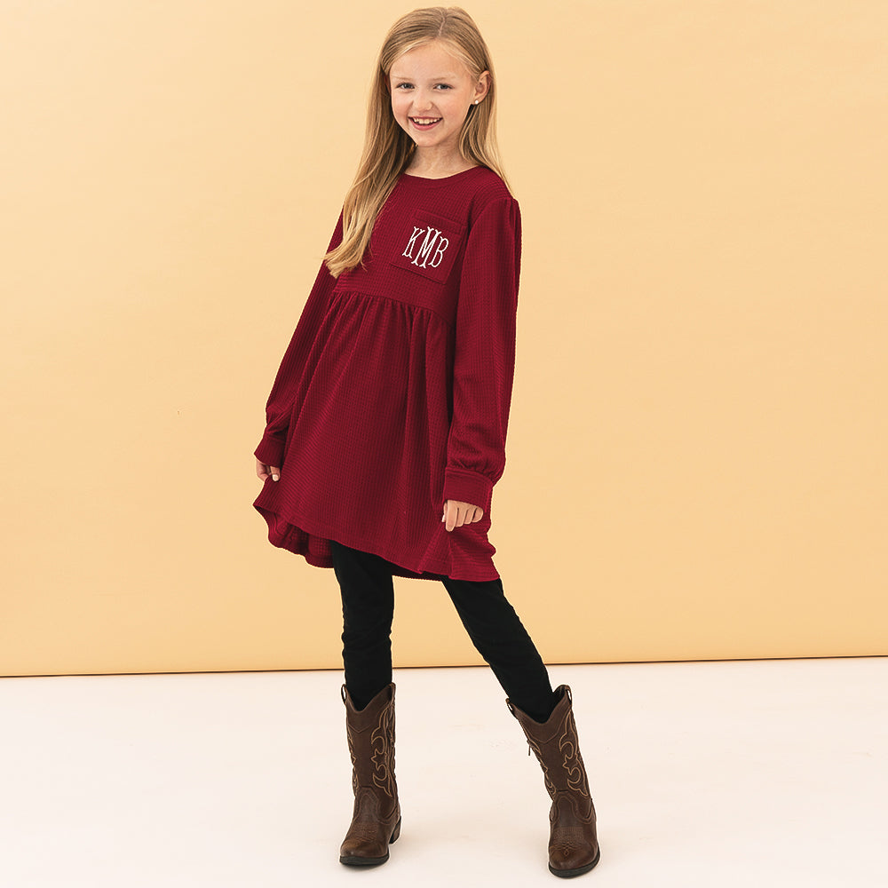 [addie] girl wearing crimson monogrammed waffle dress
