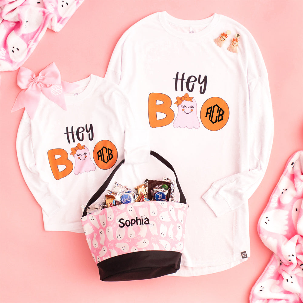 mom and me hey boo long sleeve shirt flatlay