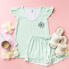 sage stripes ruffle pajamas flatlay