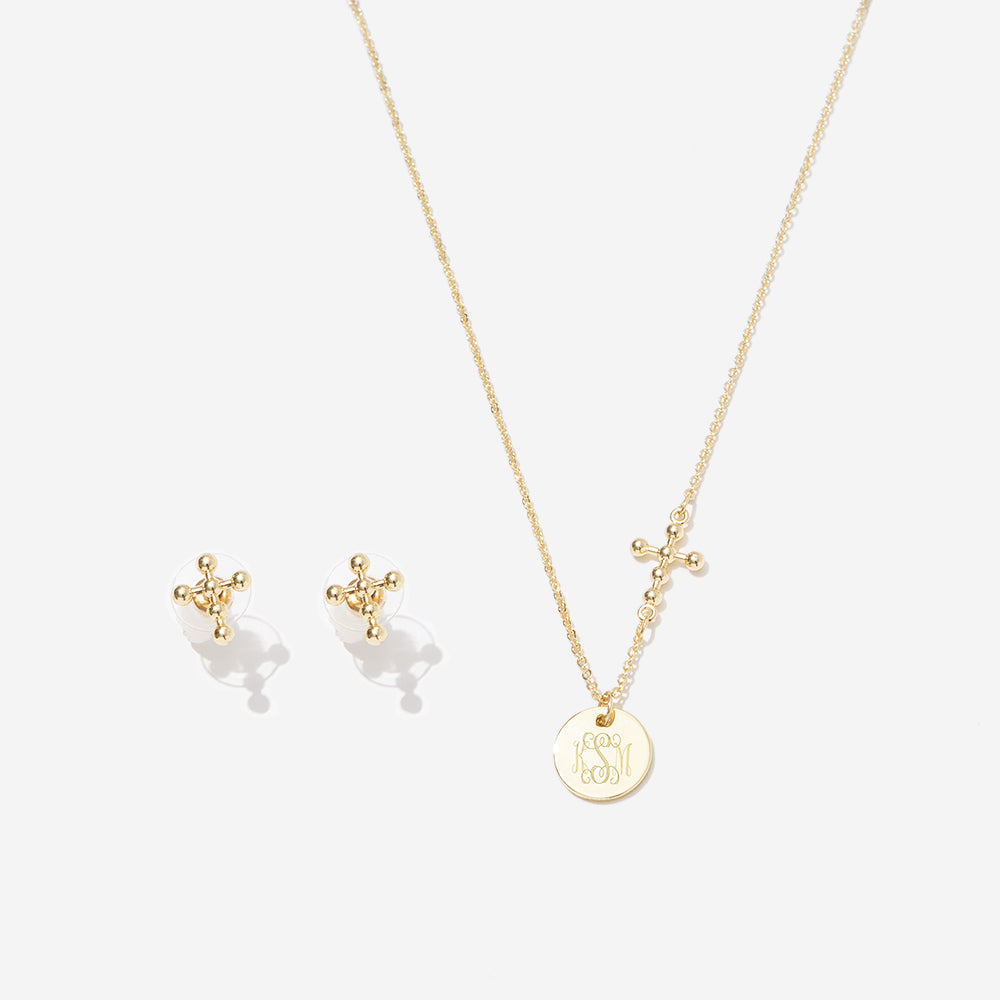 Monogrammed Cross Necklace Set | Gold