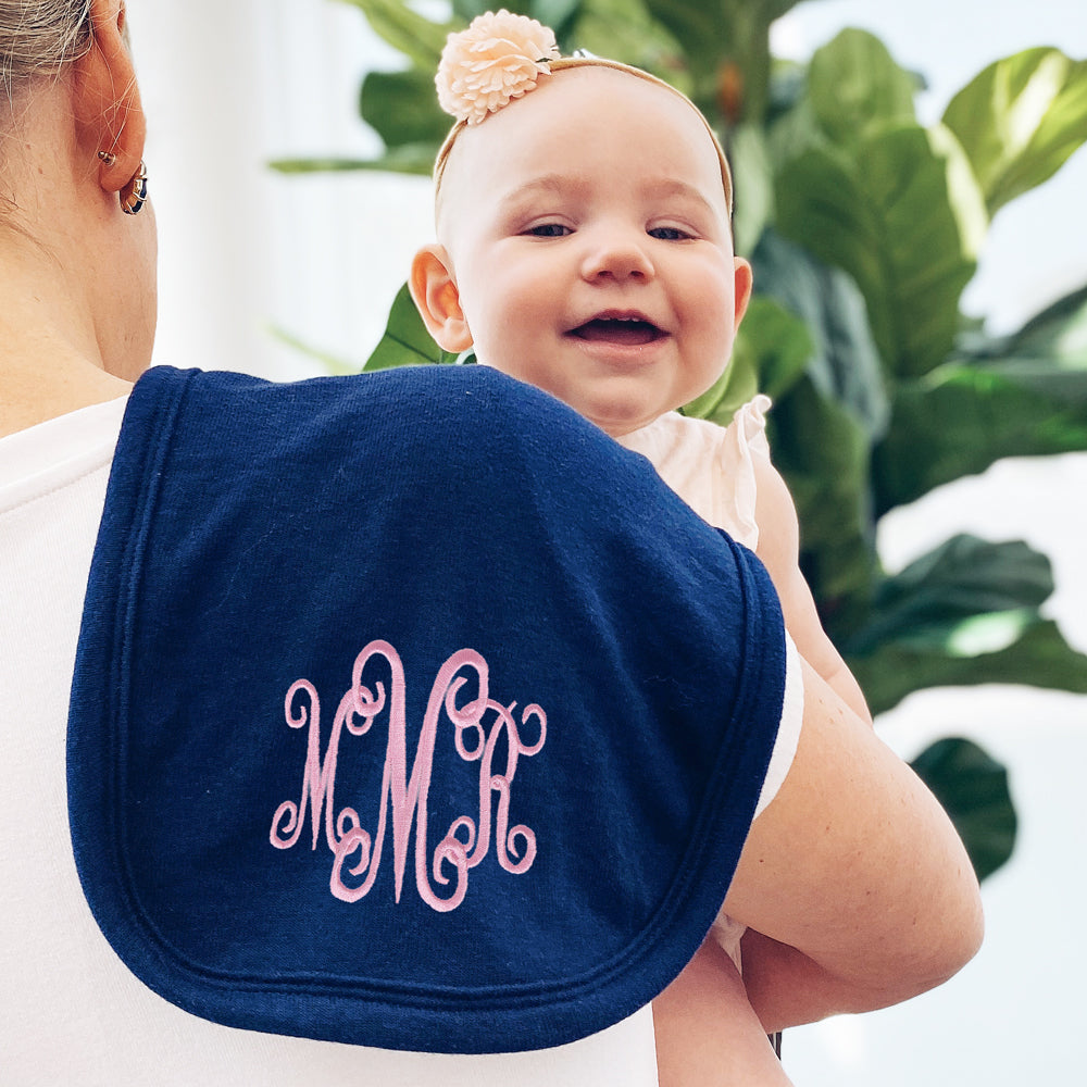 navy monogrammed baby burp cloth with mom