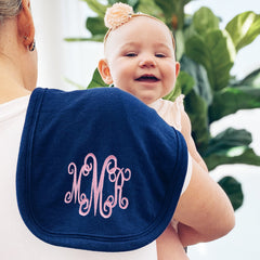 navy monogrammed baby burp cloth with mom