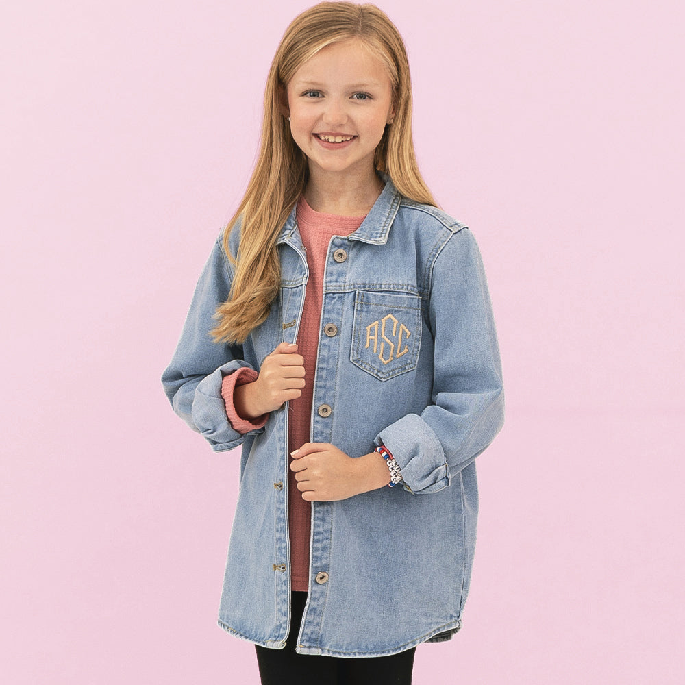 girl wearing personalized denim shacket