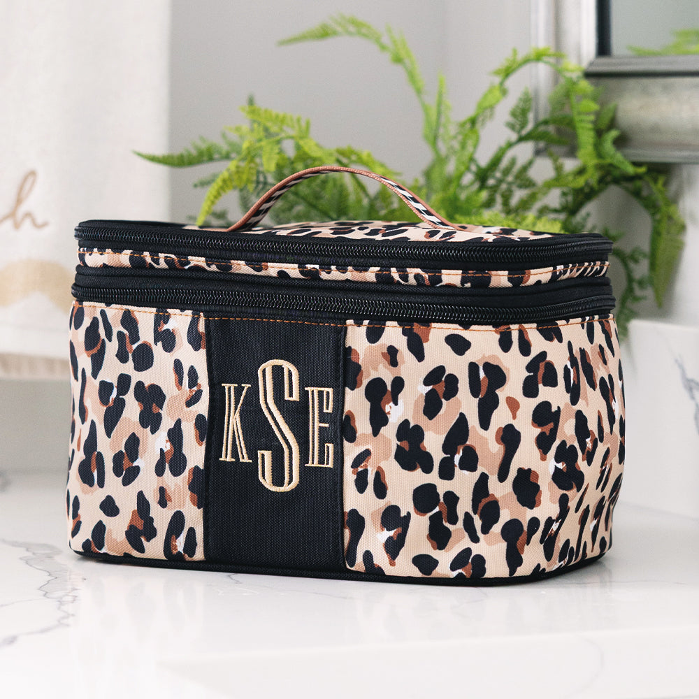 cheetah monogrammed train case in bathroom