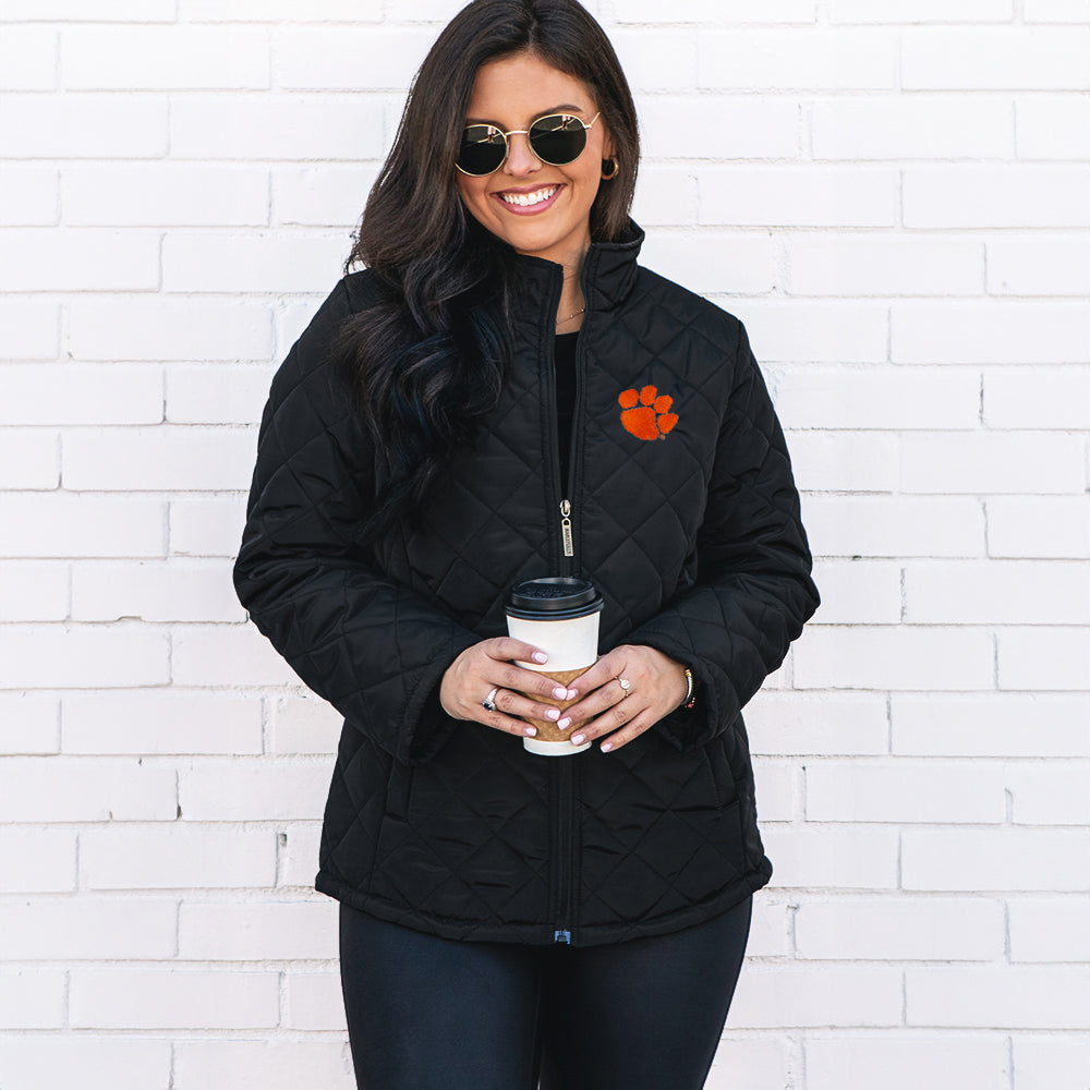 [megan] model wearing black clemson puffer jacket