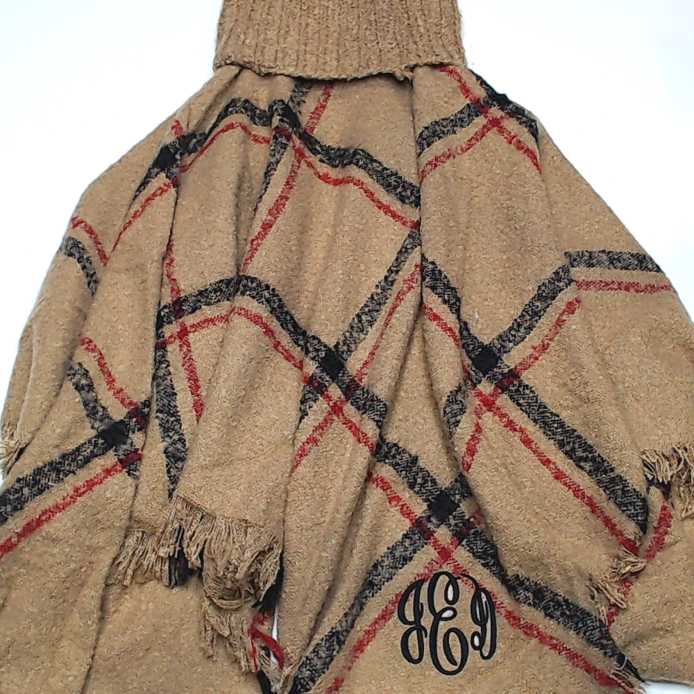 BLOOPER CLOTHING: Monogrammed Plaid Cowl Neck Poncho