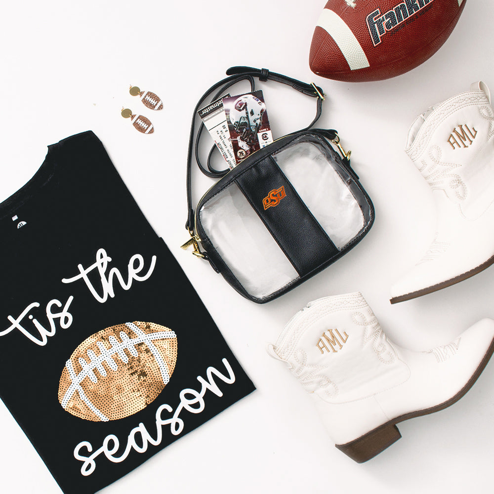 oklahoma state clear stadium crossbody bag flatlay