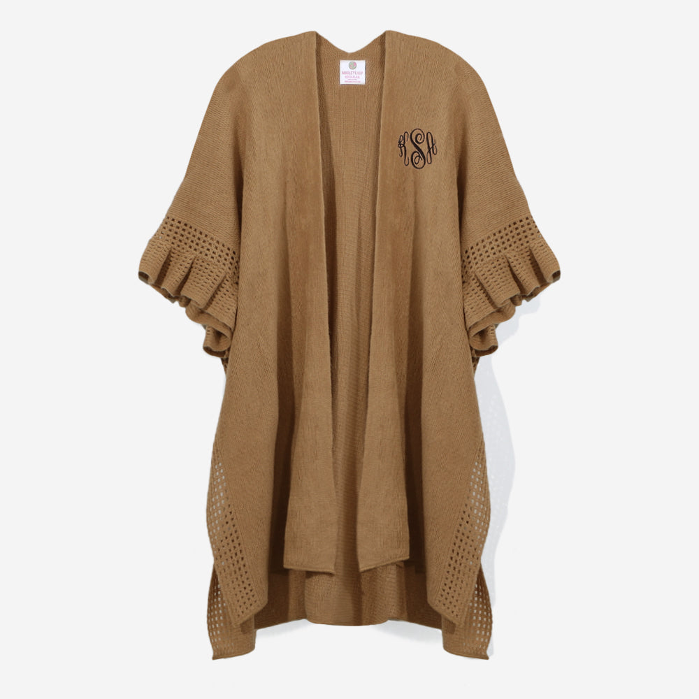 monogrammed poncho cardigan in camel