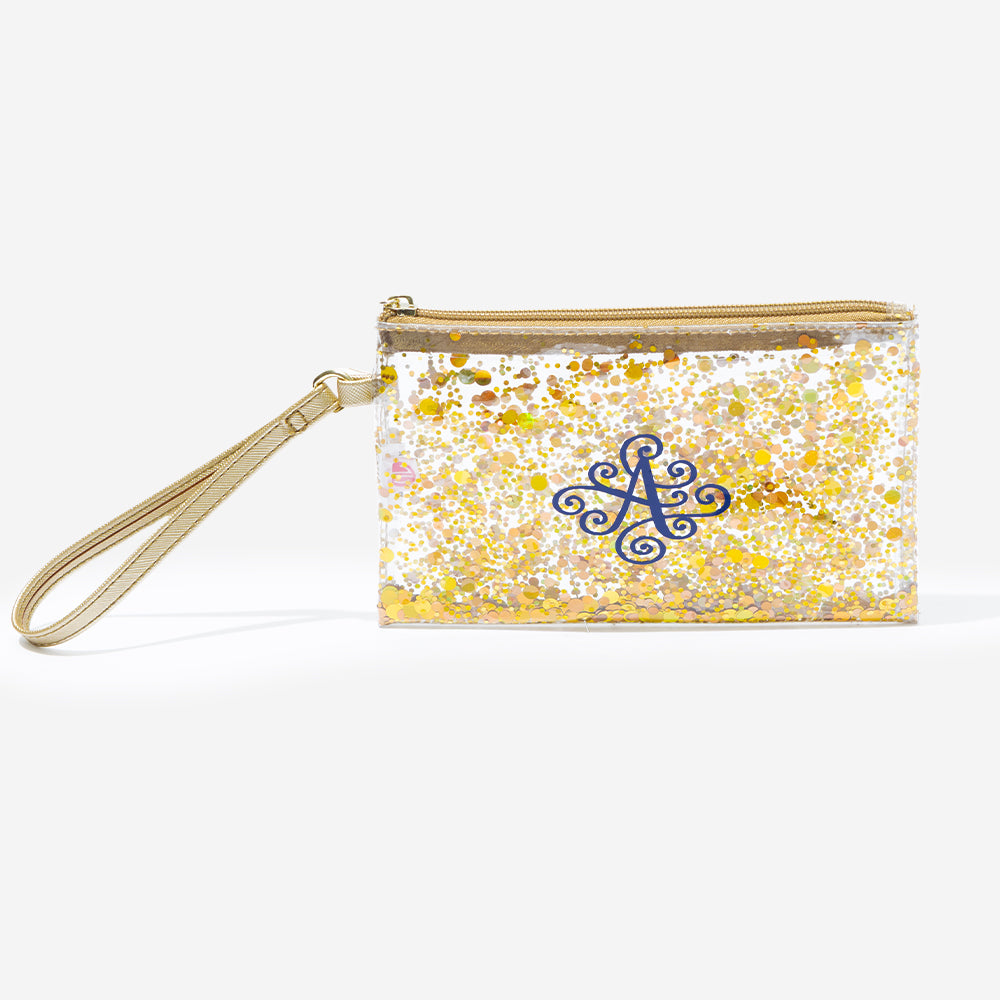 monogrammed glitter wristlet pouch in gold