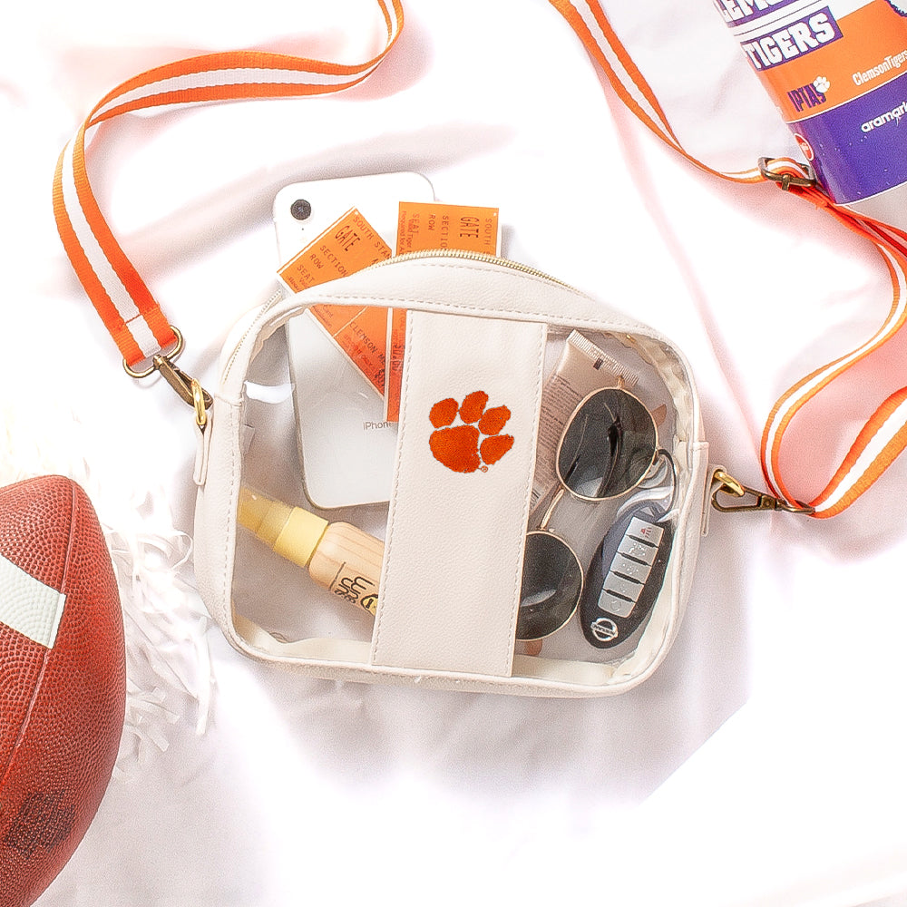 clemson bone clear stadium crossbody with orange gameday props