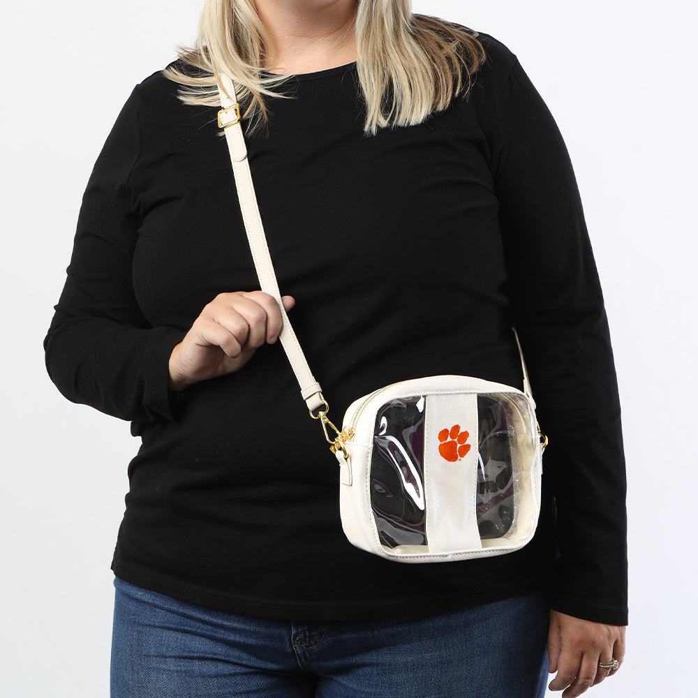 clemson clear crossbody in bone on girl wearing black long sleeve shirt