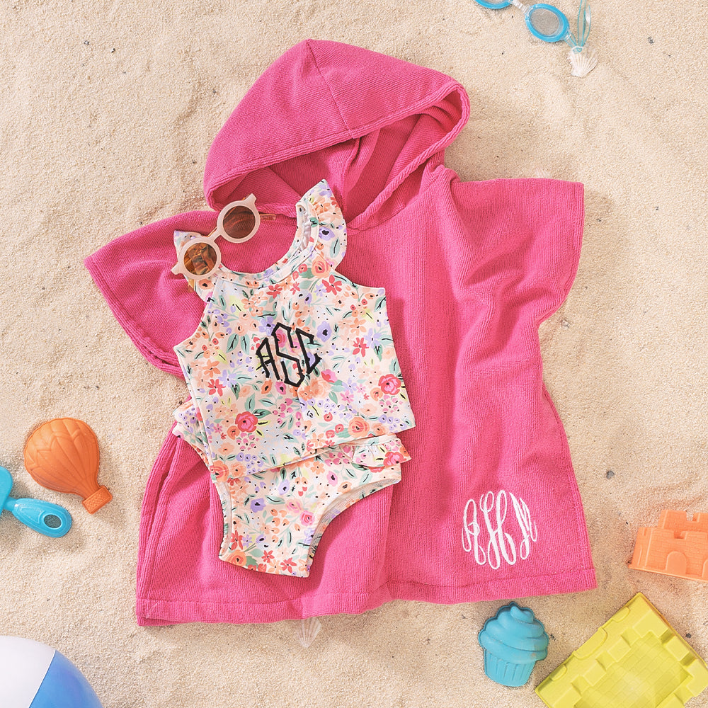 personalized toddler hooded towel poncho in hot pink with ruffle tankini