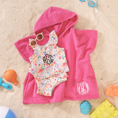 personalized toddler hooded towel poncho in hot pink with ruffle tankini
