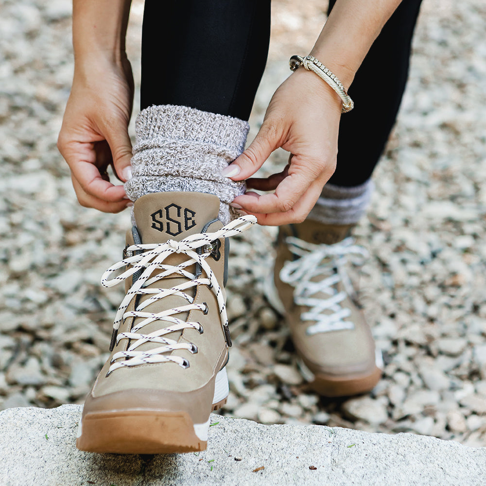 brown hiking boots on peyton