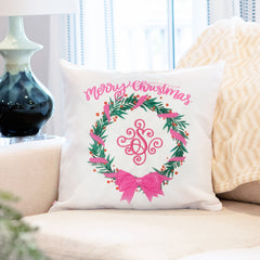 christmas pink wreath monogrammed pillow sham on couch