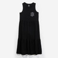 monogrammed ruffle midi dress in black